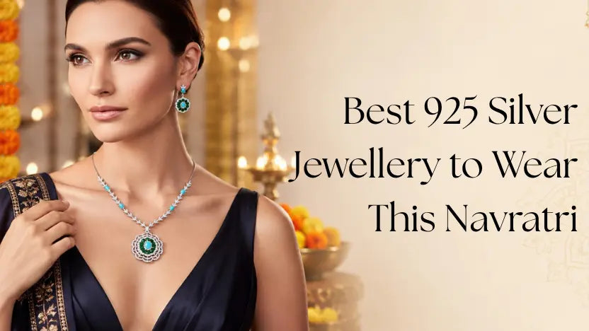 Promotional image featuring a woman in a black traditional outfit wearing turquoise and green 925 silver jewellery, with text reading “Best 925 Silver Jewellery to Wear This Navratri.”