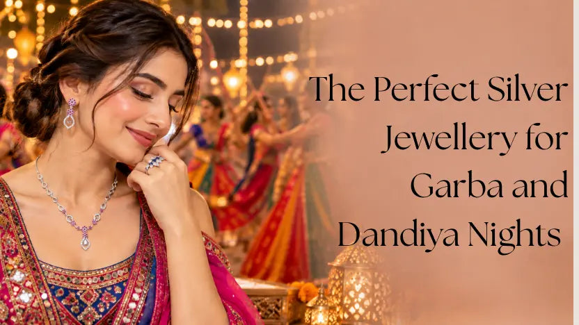 Festive Garba and Dandiya night scene featuring a woman wearing elegant silver jewellery, with space on the right for promotional text.