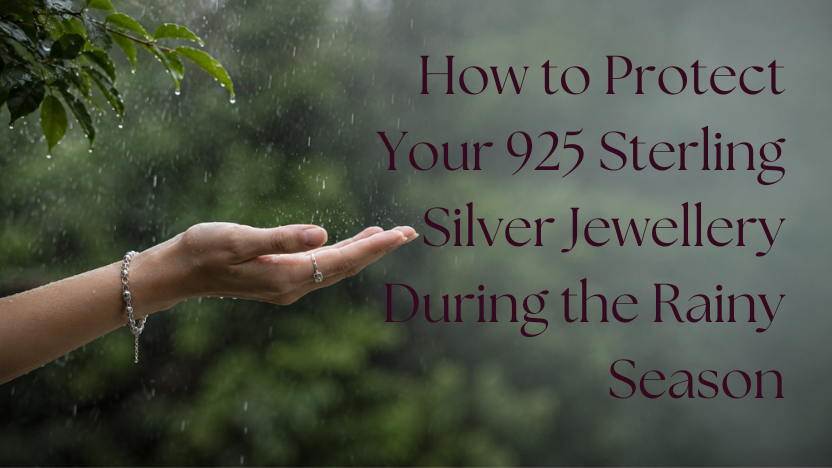 925 sterling silver bracelet and ring worn by a woman enjoying monsoon rain under a transparent umbrella, highlighting sterling silver jewellery care during the rainy season