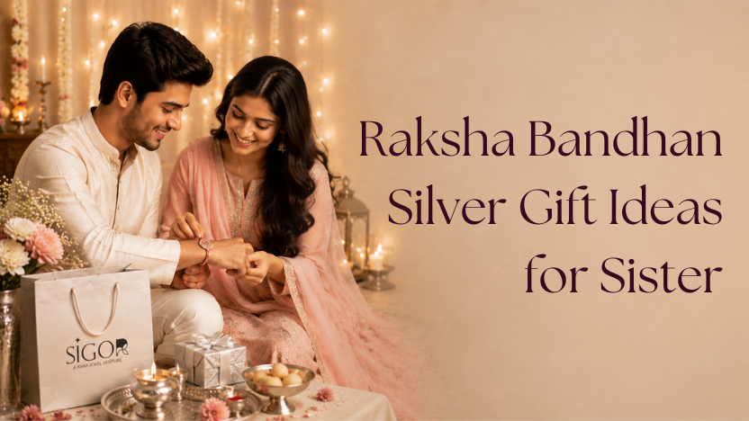 Brother and sister celebrating Raksha Bandhan with SIGOR silver gift bag and festive silver gift boxes.