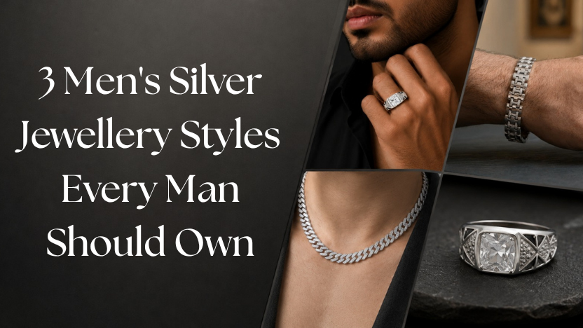 3 men's silver jewellery styles featuring a 925 silver chain, bracelet and ring