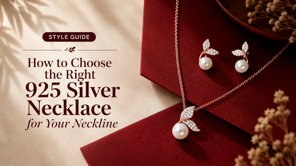 925 silver necklace and earrings styling guide image on red background.