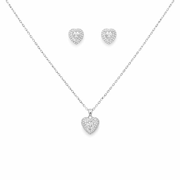 SIGOR 925 Silver Sparkling Heart Pendant Set