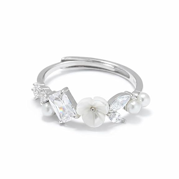 SIGOR 925 Silver Floral Pearl Crystal Ring