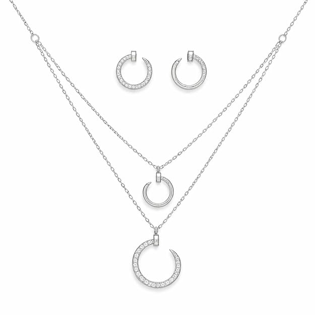 SIGOR 925 Silver Luna Arc Pendant & Hoop Set