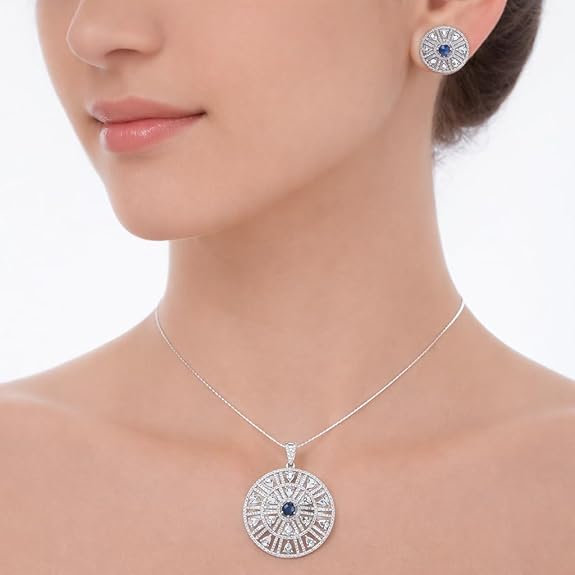 SIGOR 925 Silver Blue Stone Radiant Circle Pendant Set Without chain