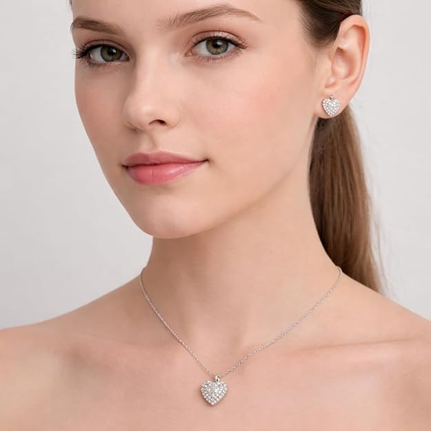SIGOR 925 Silver Sparkling Heart Pendant Set