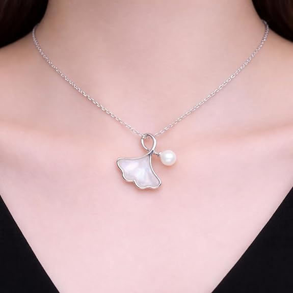 SIGOR 925 Silver Ethereal Ginkgo Pearl Chain Pendant