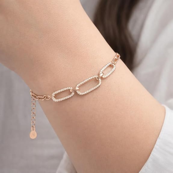SIGOR 925 Silver Rose Gold Finish Diamond Link Bracelet