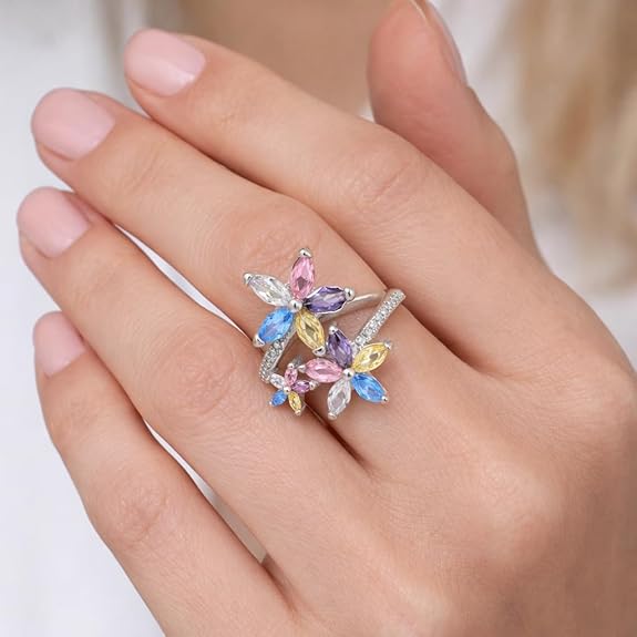 SIGOR 925 Silver Multi-Color Floral Adjustable Ring