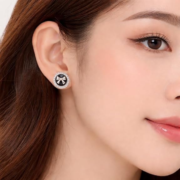 SIGOR 925 Silver Black Bow Halo Stud Earring