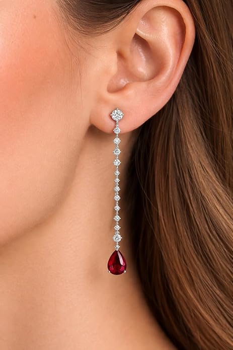 SIGOR 925 Silver Ruby Drop Linear Earrings