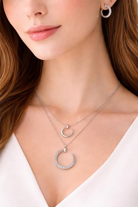 SIGOR 925 Silver Luna Arc Pendant & Hoop Set