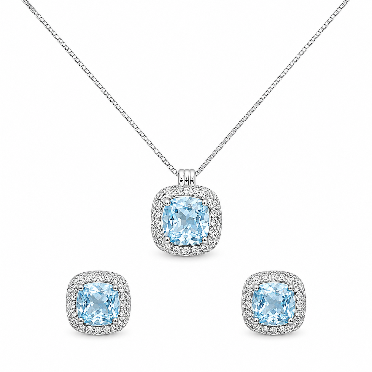 Silver Celestia Blue Halo Pendant Set