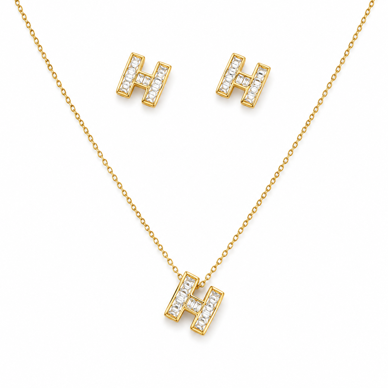 Silver Initial H Gold Spark Pendant Set