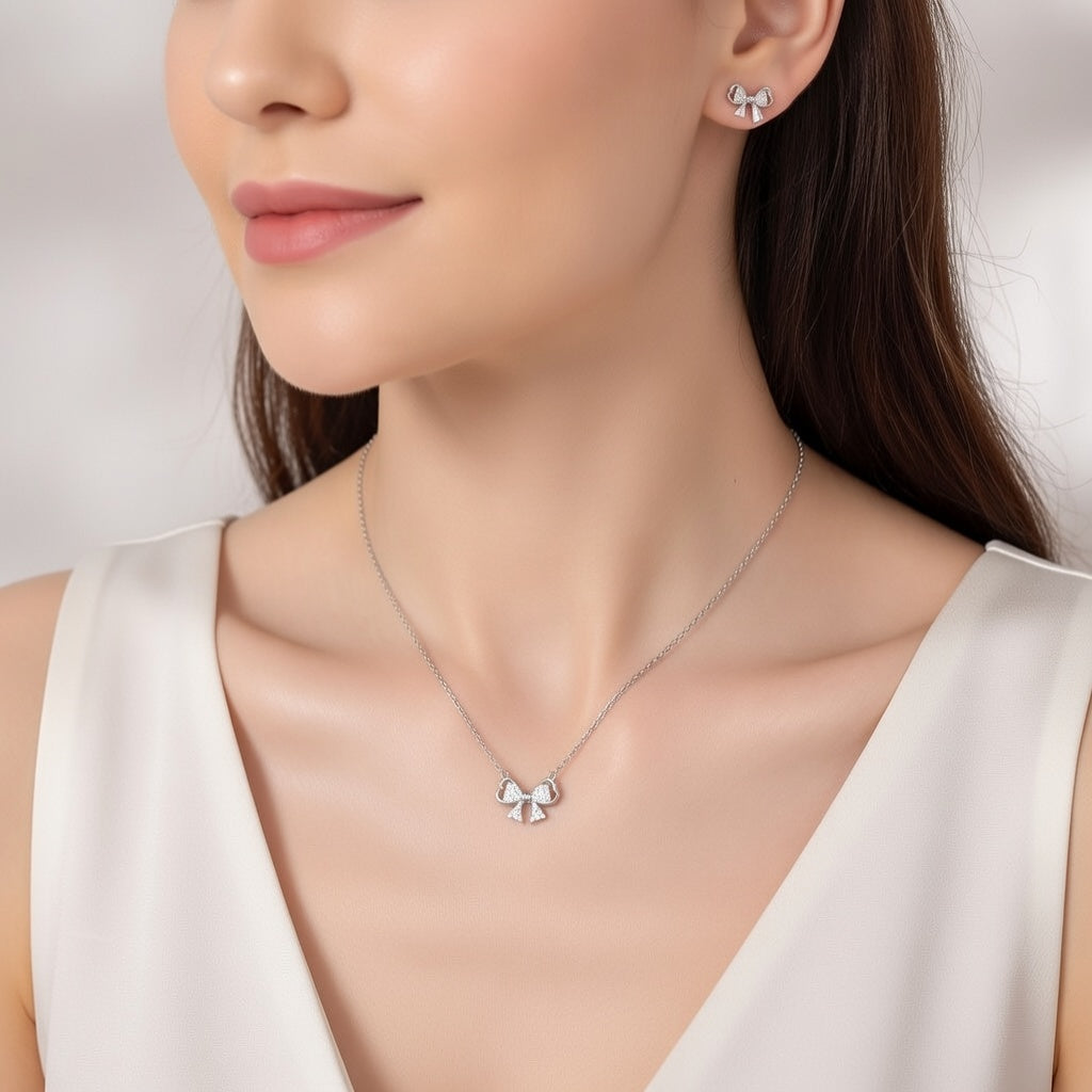 Silver Velura Bow Spark Pendant Set