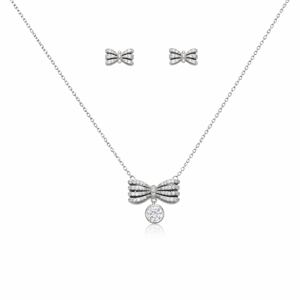 Sparkling Bow Charm Chain Pendant Set