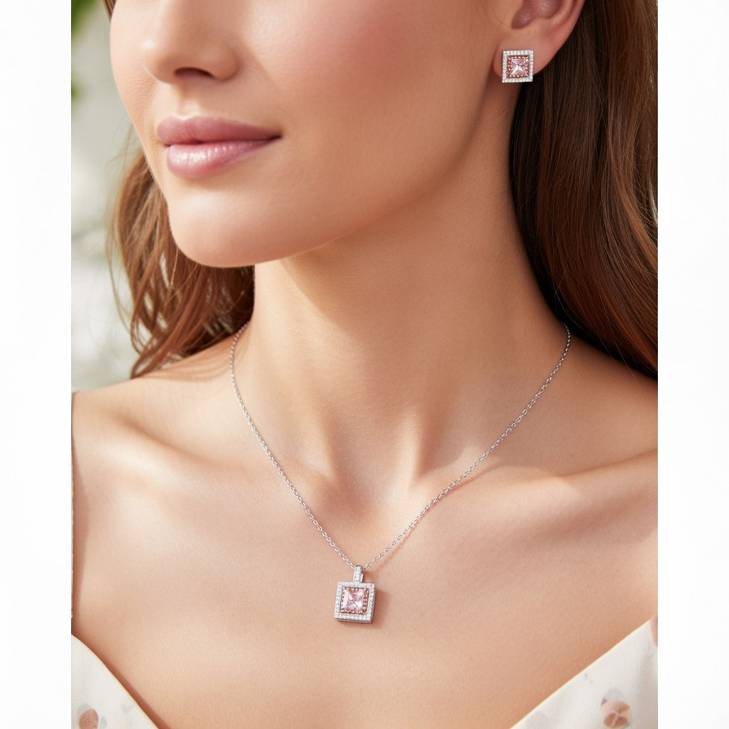 Silver PinkuLuxe Square Spark Pendant Set