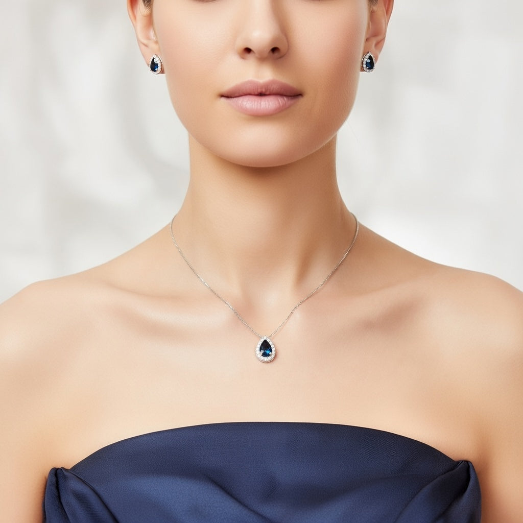Silver Azurea Blue Drop Pendant Set