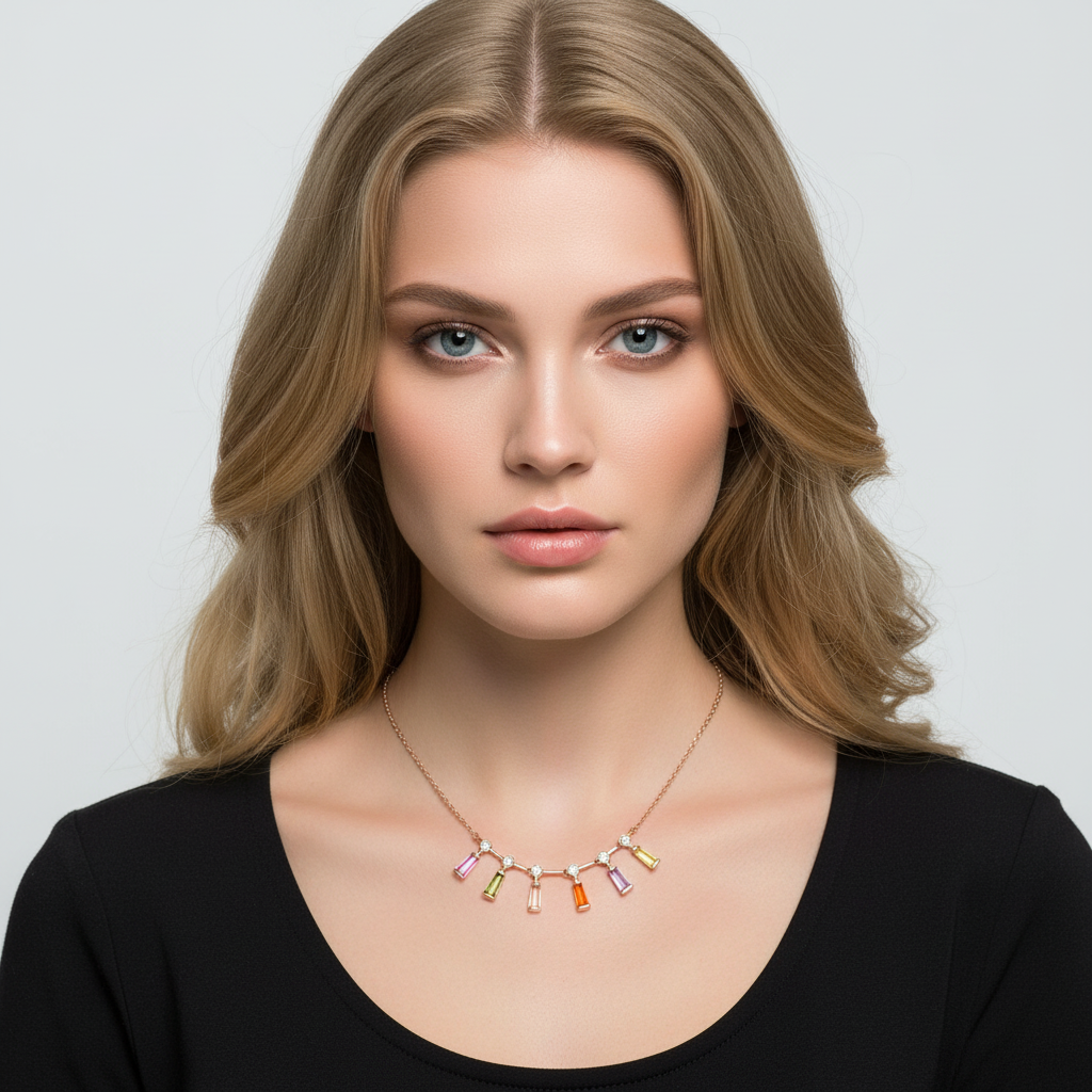 Silver Dazzling Rainbow Rose Tone Chain Pendant