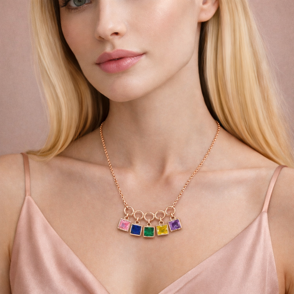 Silver Multicolor Stone Rose Tone Chain Pendant