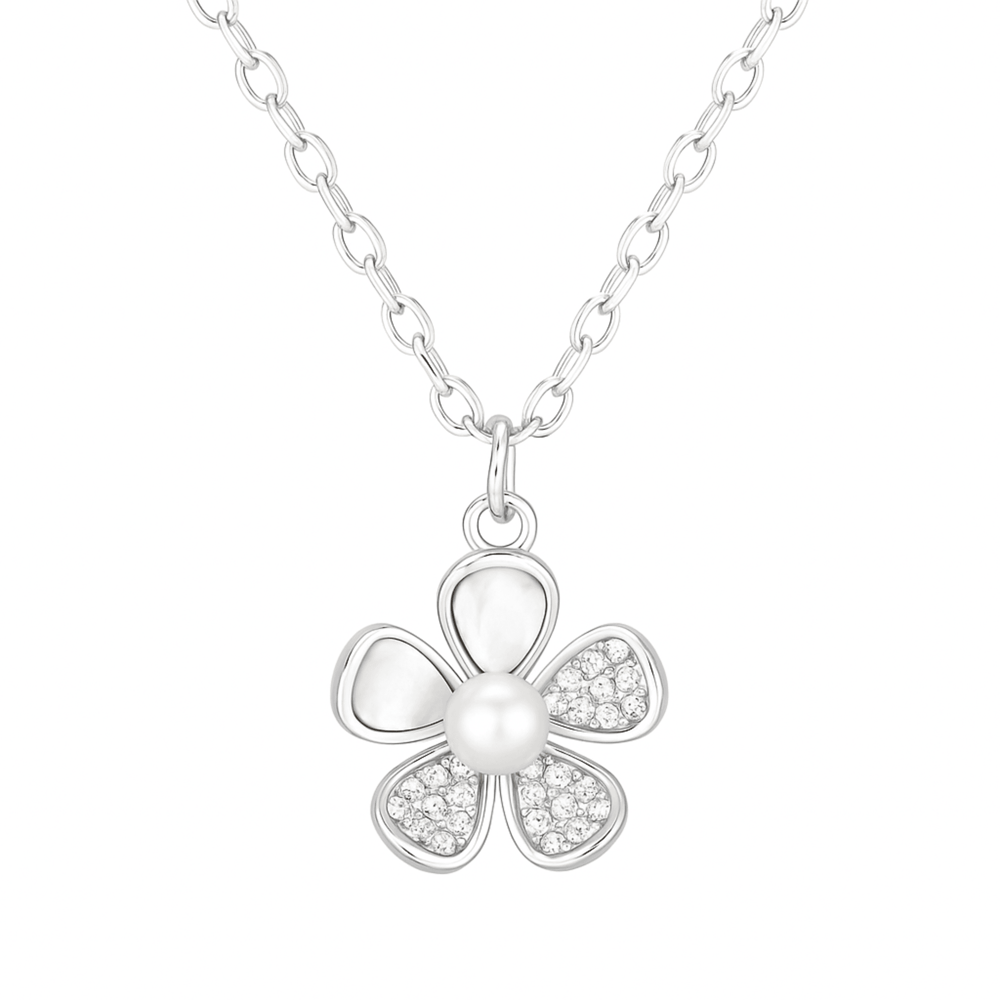 Silver Floral of Pearl Diamond Chain Pendant