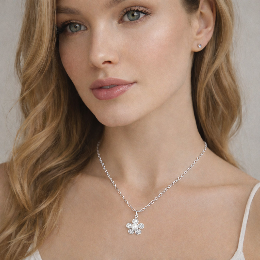 Silver Floral of Pearl Diamond Chain Pendant