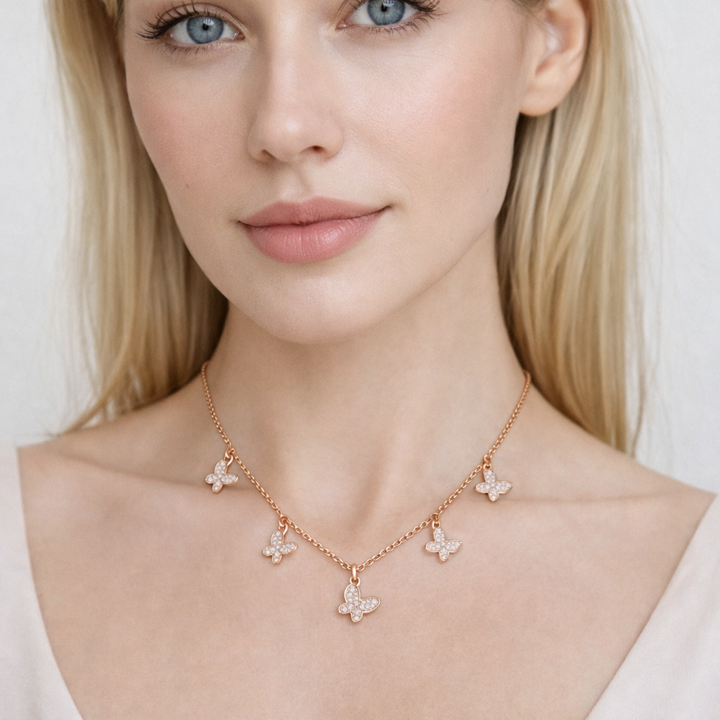 Silver Butterfly Diamond Rose Tone Chain Pendant