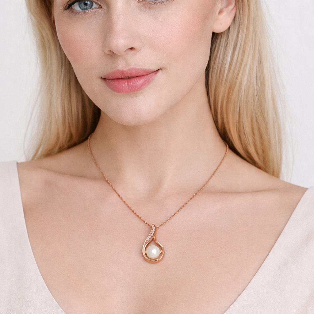 Silver Pearl Leaf Elegance Rose Tone Chain Pendant