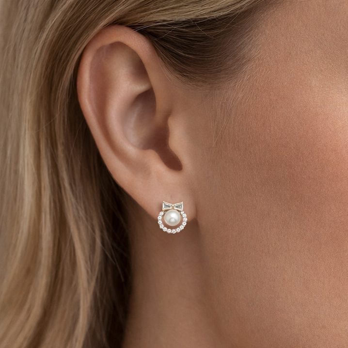 Pearl Halo Bow Stud Earrings