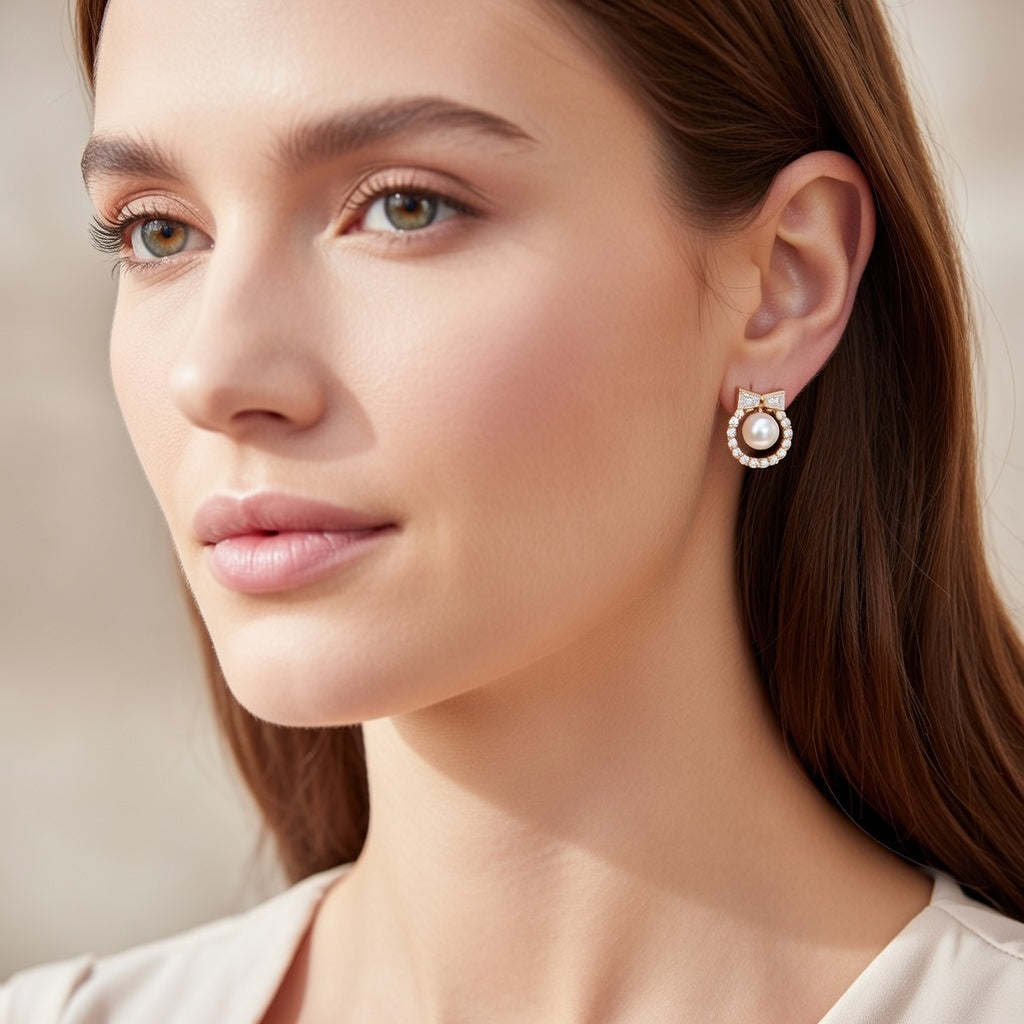 Pearl Bow Halo Stud Earrings