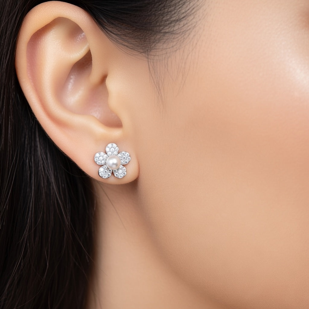 Pearl Blossom Diamond Stud Earrings