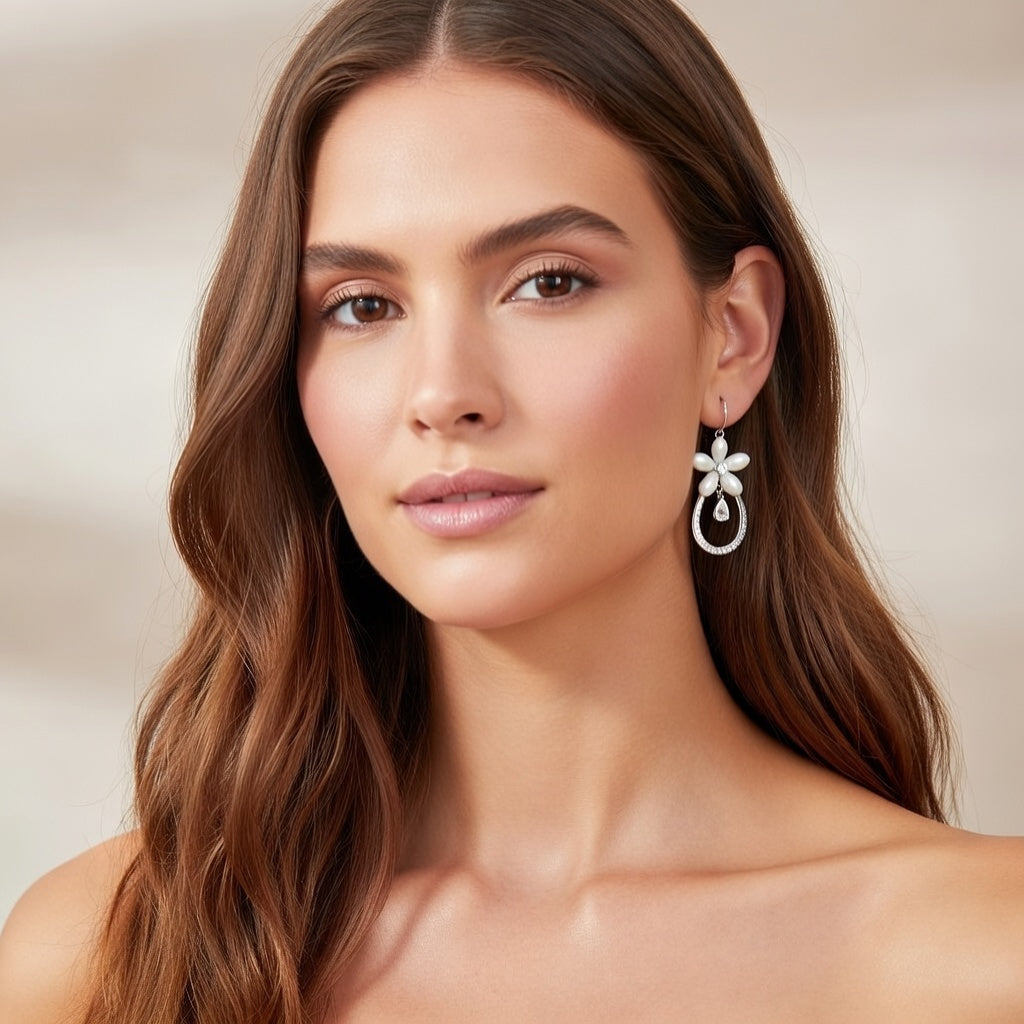 Floral Pearl Teardrop Dangle Earrings