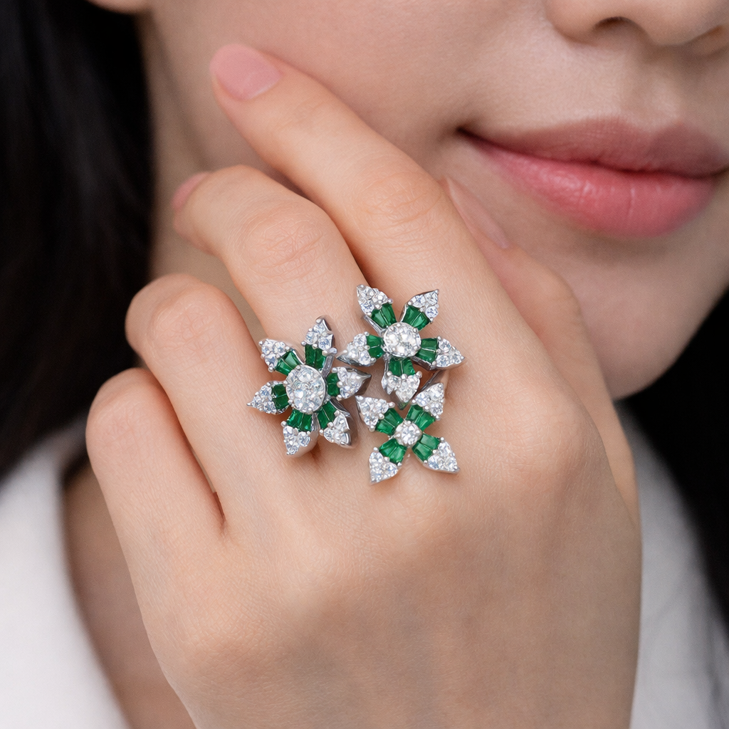 Silver Emerald Bloom Ring