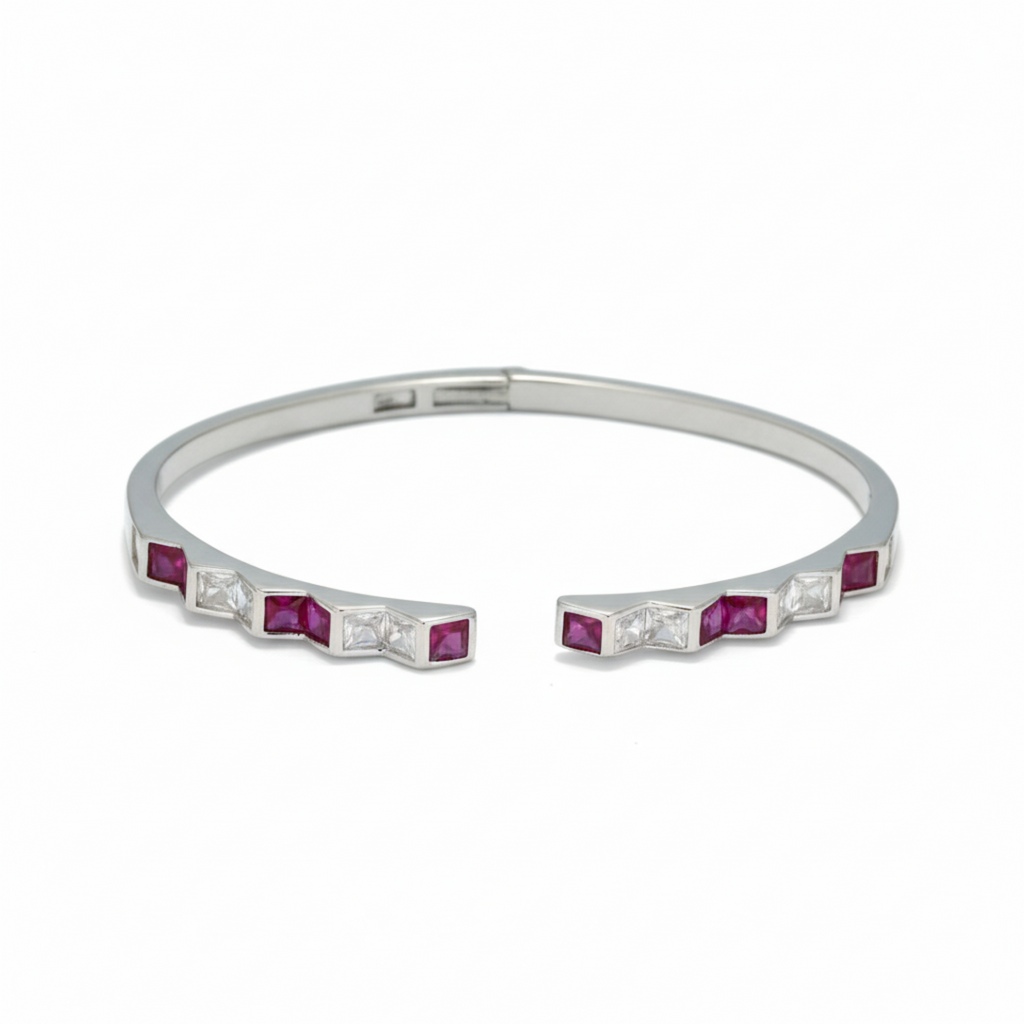 Silver ZigGleam Pink & White Diamond Kada