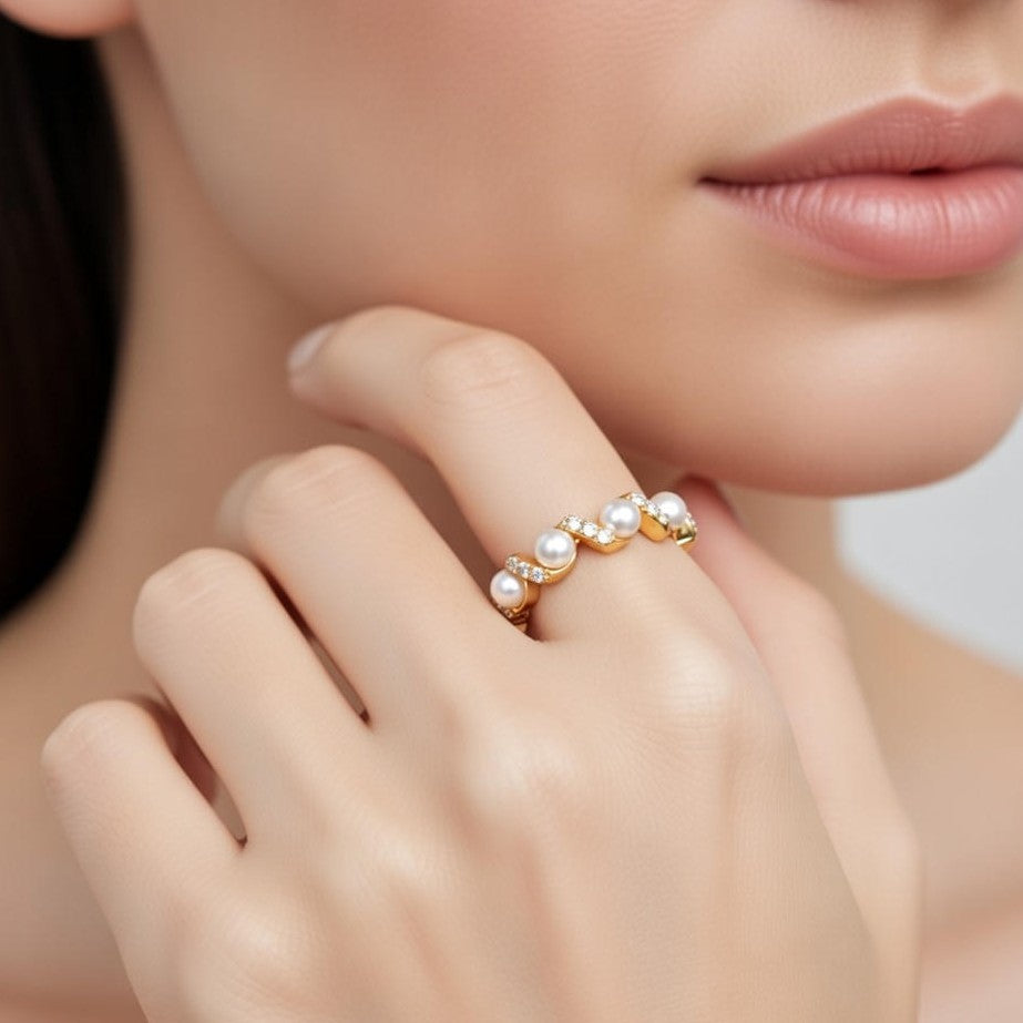 gold waves & perl silver 925 ring