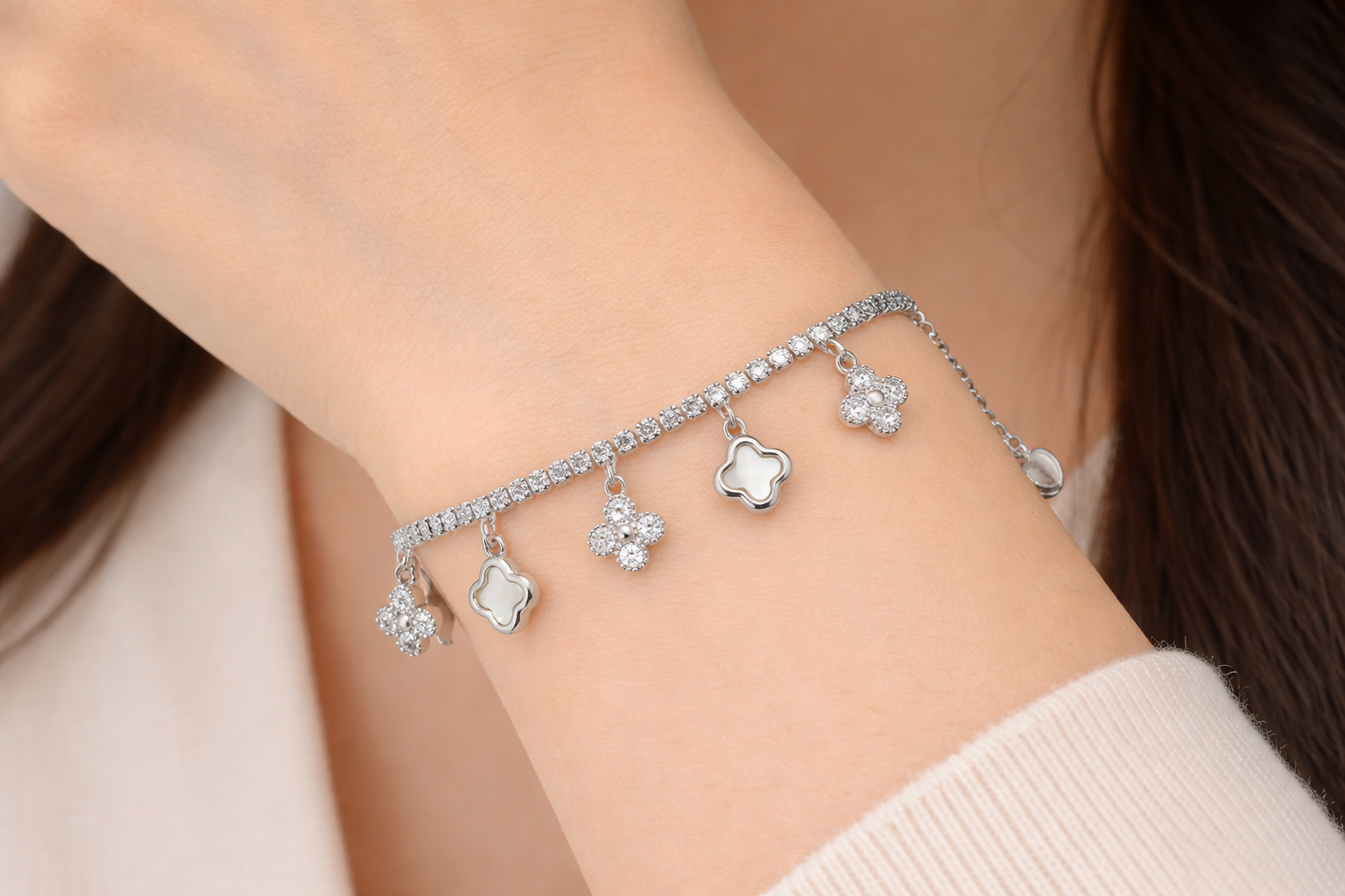 Silver Crystal Beaded Stretch Bracelet