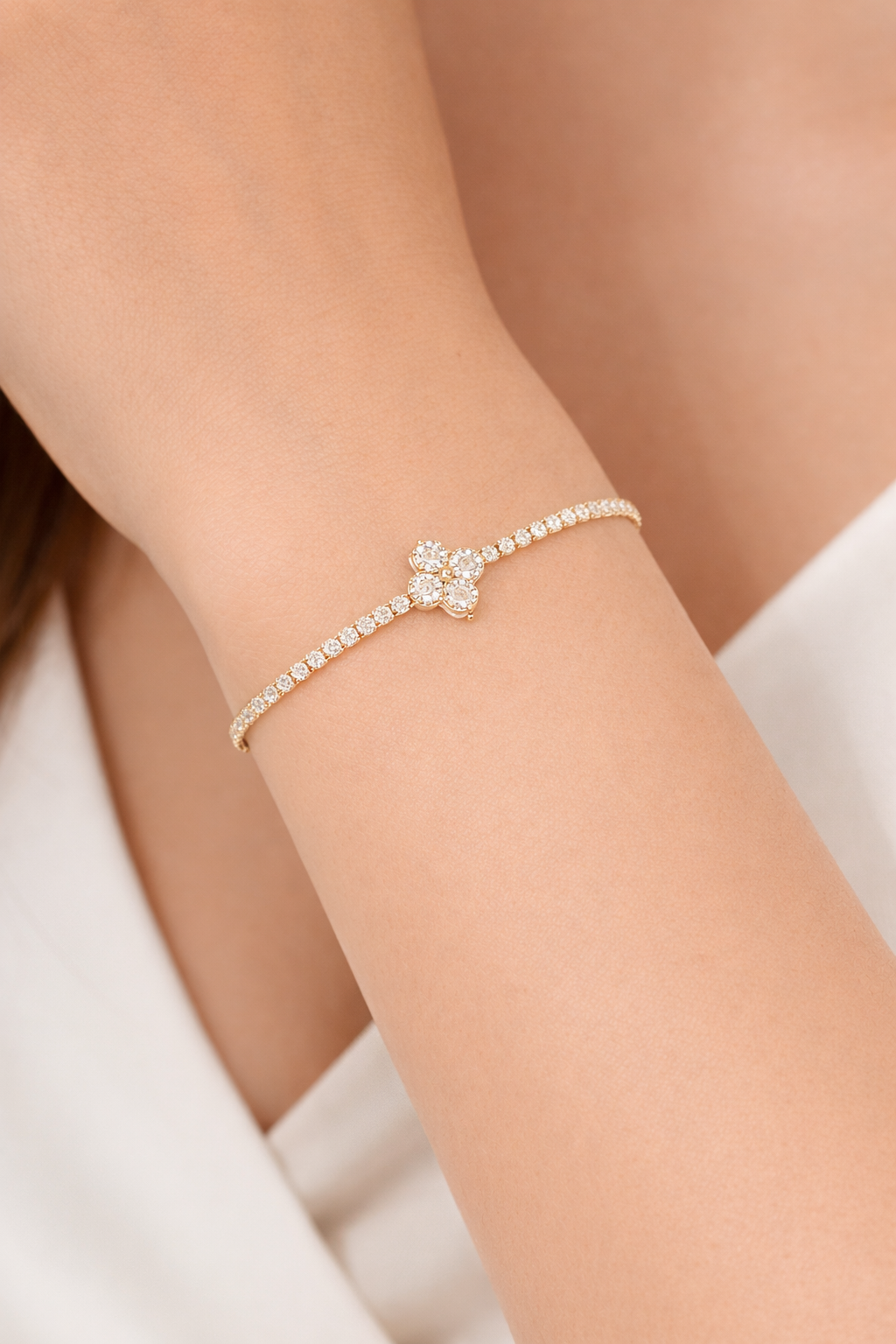 Silver Flower With Diamond Line Yellow Tone Bracelet
