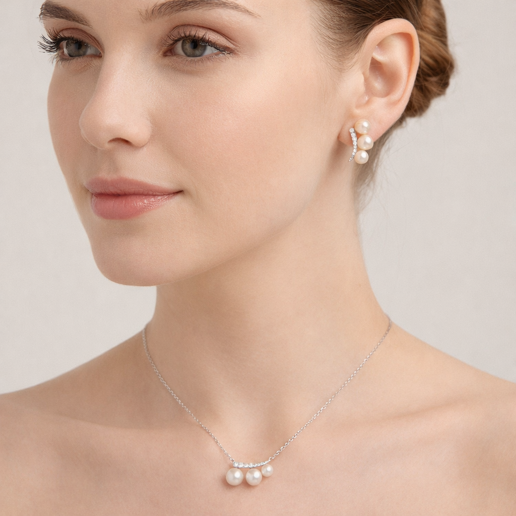 SIGOR 925 Silver Pearl Curve Pendant Set