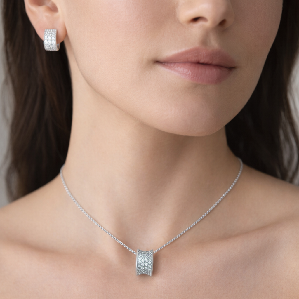 Silver Velora Pavé Curve Pendant Set
