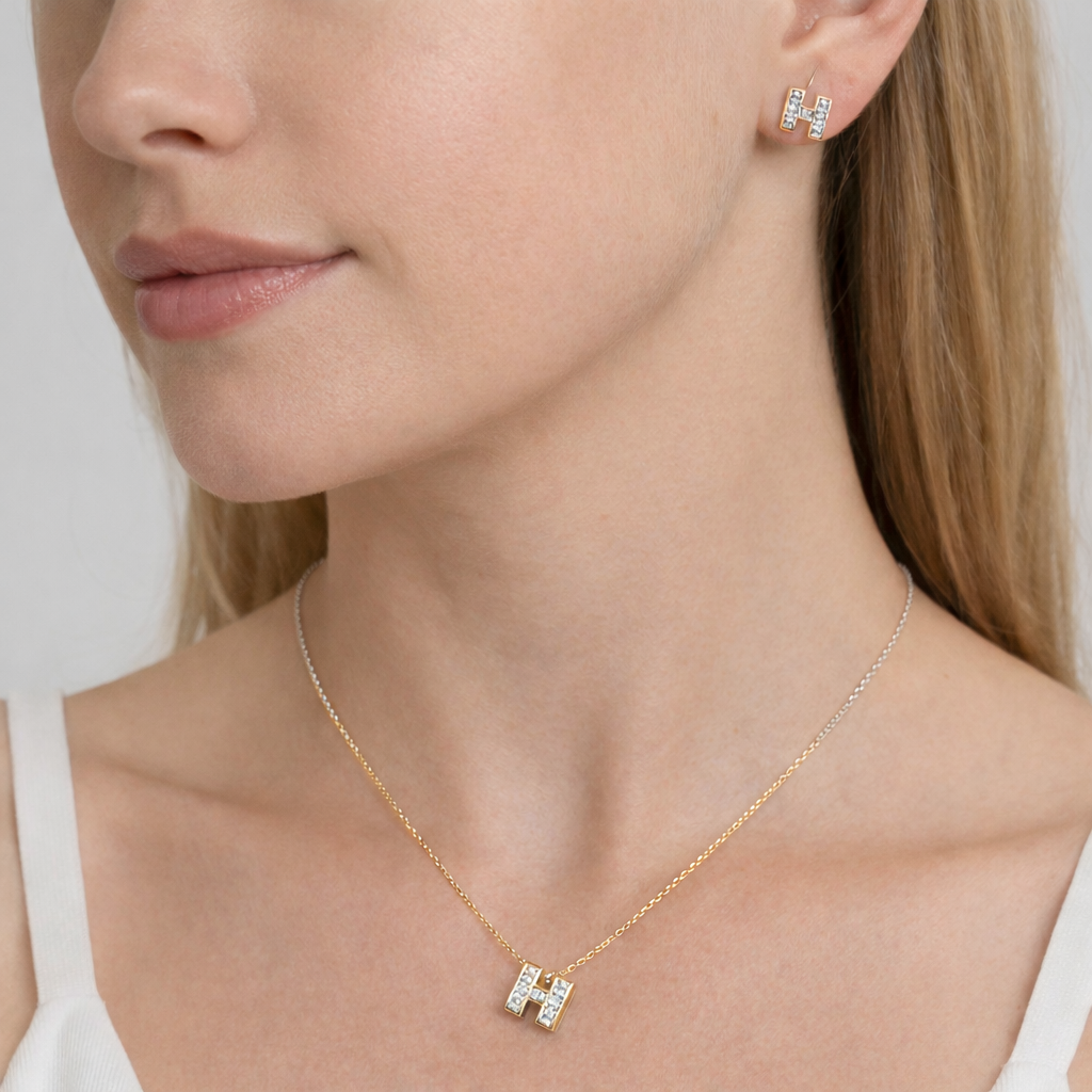 Silver Initial H Gold Spark Pendant Set