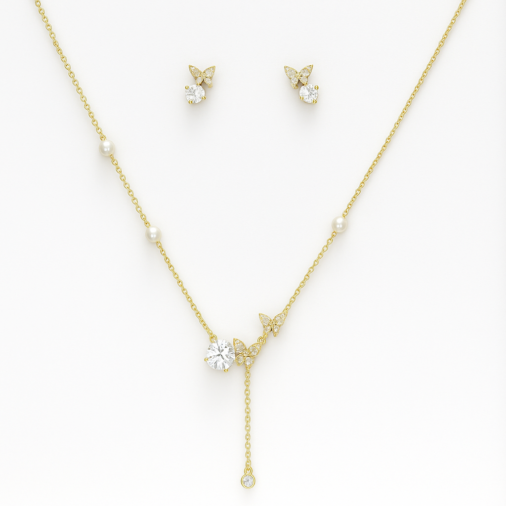 Silver Butterfly Drape Solitaire Yellow Tone Pendant Set