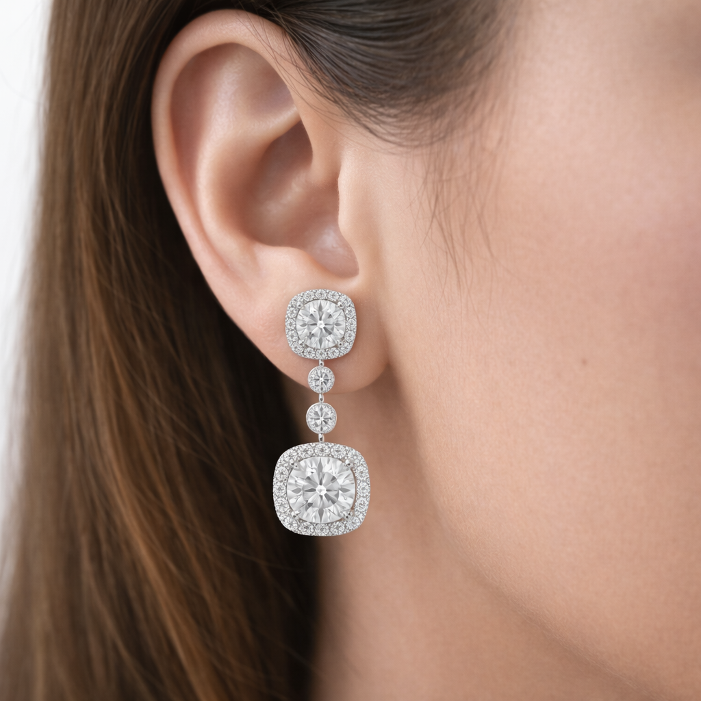 Silver Radiant Square Solitaire Drop Earrings