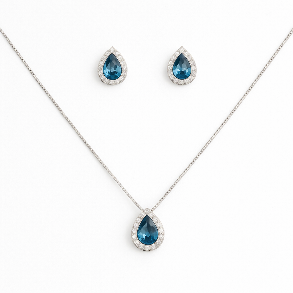 Silver Azurea Blue Drop Pendant Set