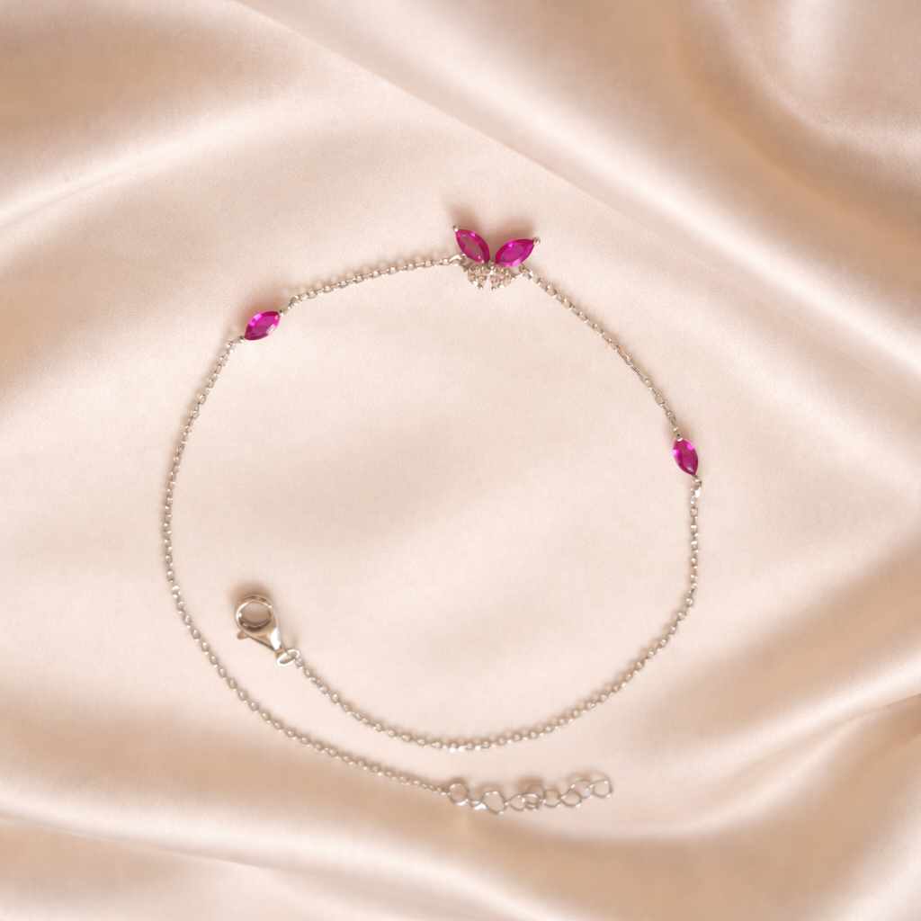 Pink Diamond Butterfly 925 Silver Anklet Set Of 2 Pc
