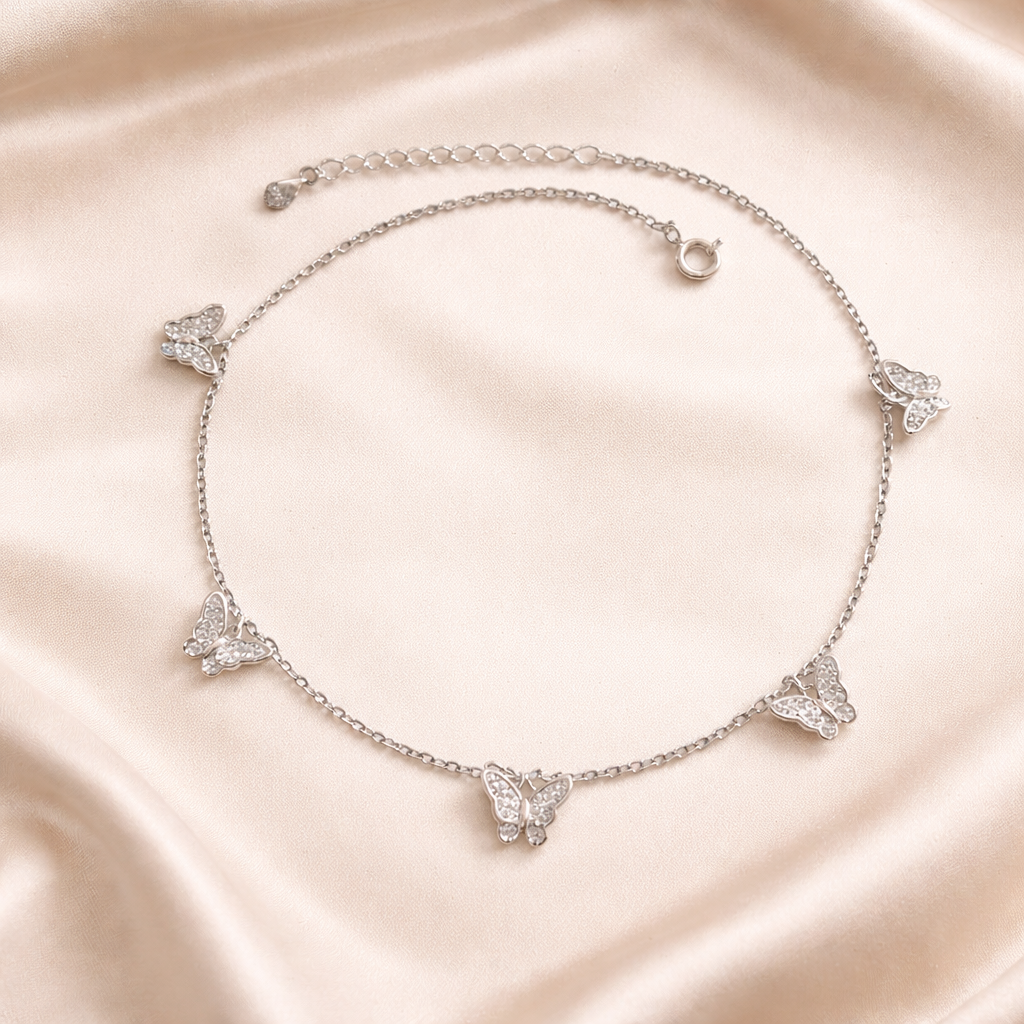 Silver Butterfly Charm Anklet Set Of 2 Pc