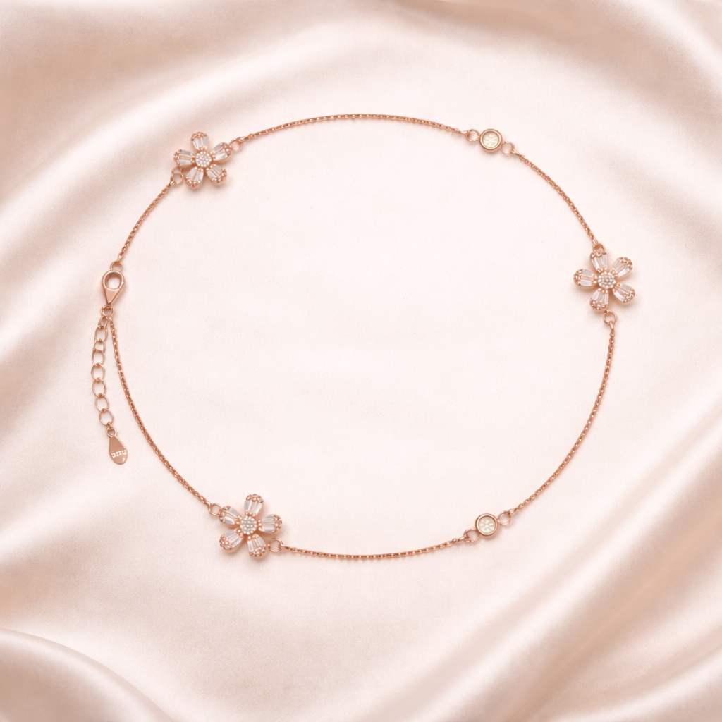 Rose Glow Diamond Cut 925 Silver Anklet Set Of 2 Pc