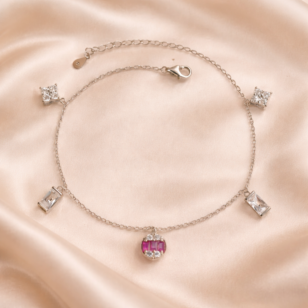 Elegant Pink Diamond 925 Silver Anklet Set Of 2 Pc