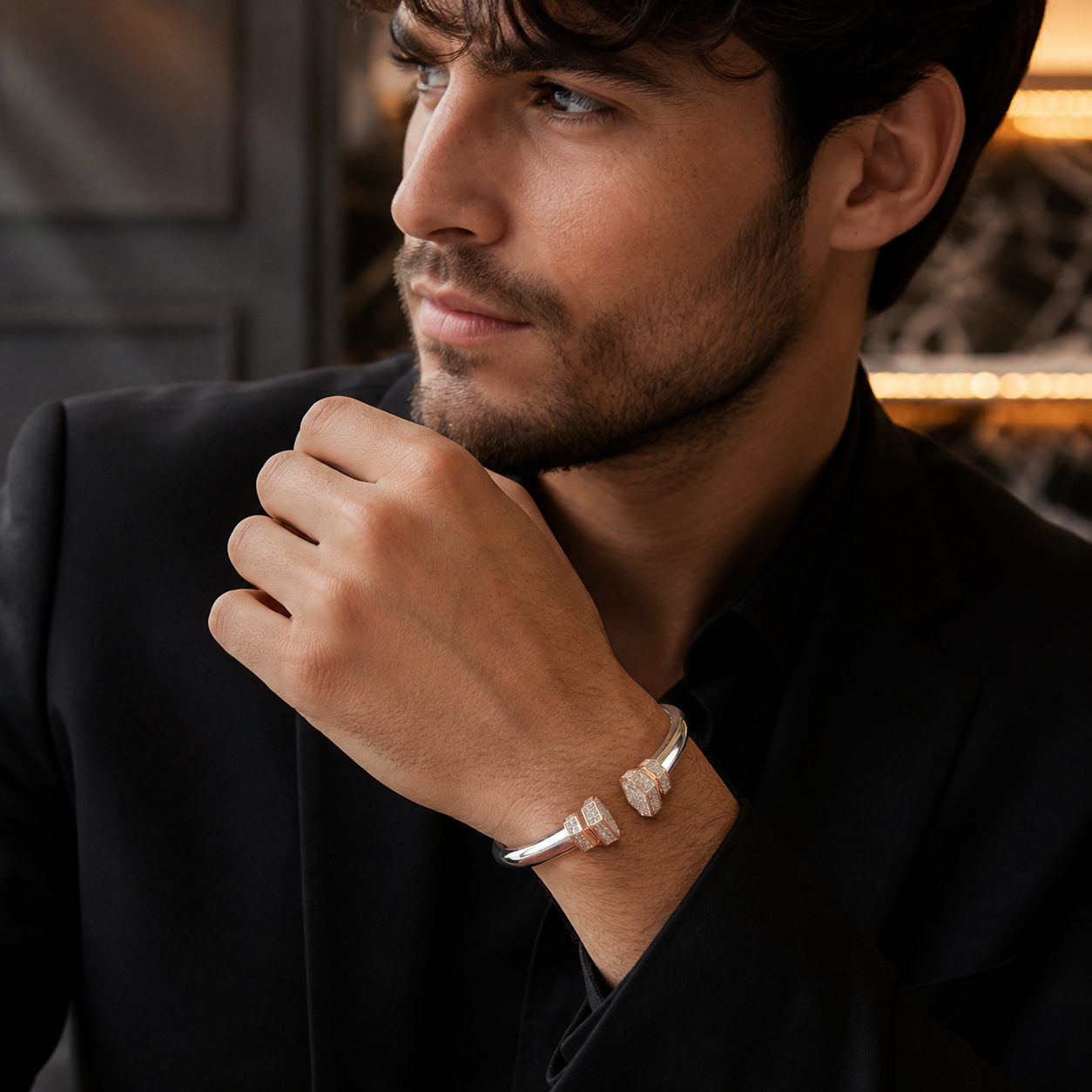 Trendy men’s silver kada featuring a smart dual-tone inspired pattern.