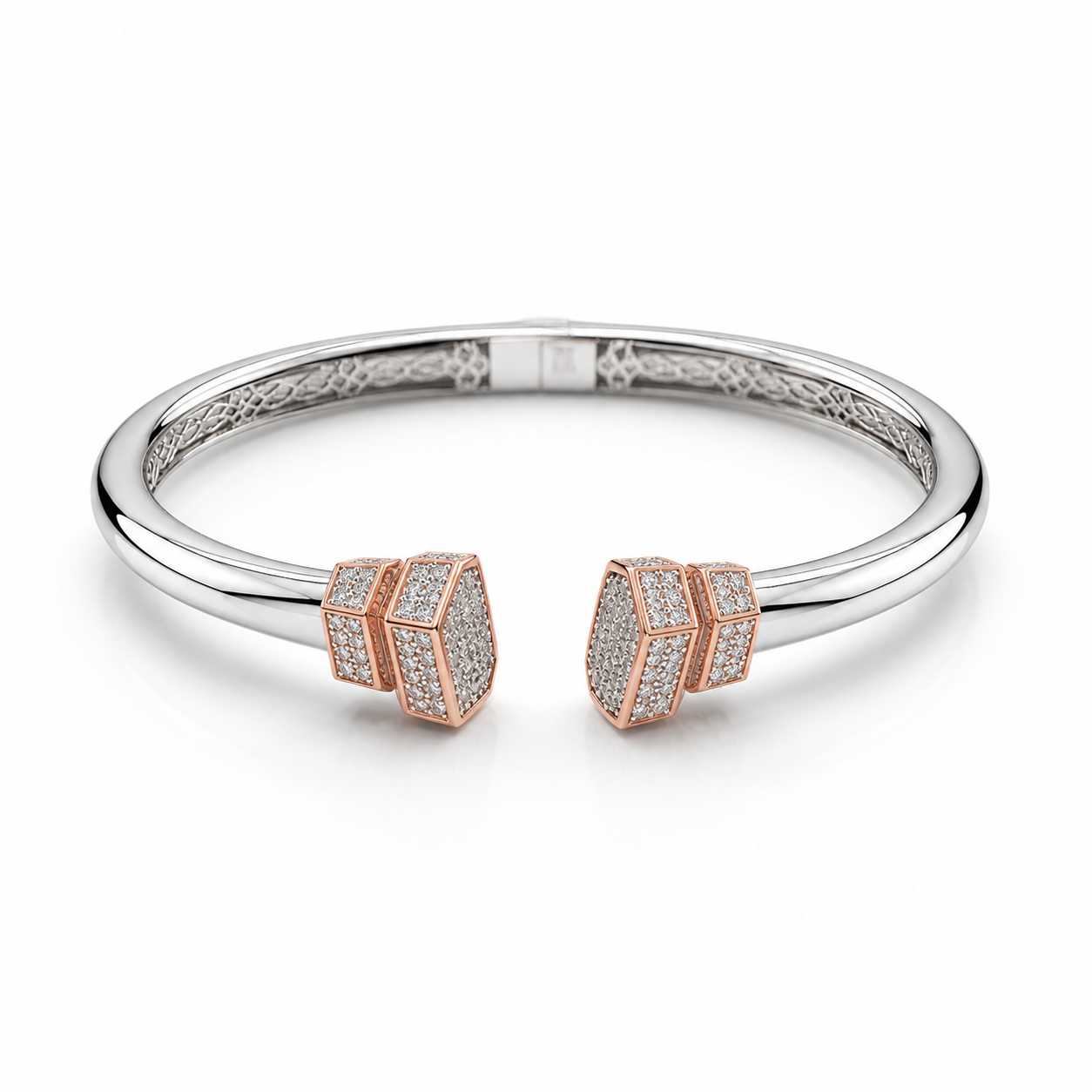 Trendy men’s silver kada featuring a smart dual-tone inspired pattern.